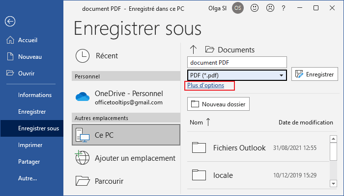 Plus d'options d'Enregistrer sous PDF dans Word 365