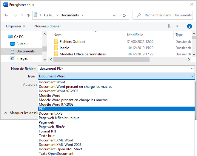 La boîte de dialogue Enregistrer sous dans Word 365