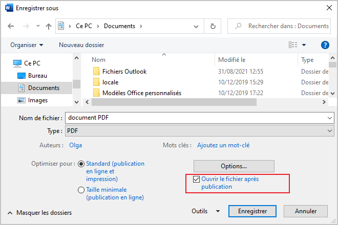 Ouvrir le fichier après publication dans Enregistrer sous Word 365