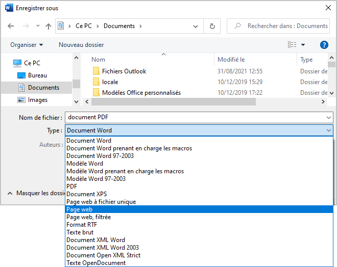 La boîte de dialogue Enregistrer sous dans Word 365