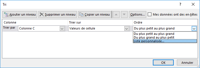 La boîte de dialogue Tri dans Excel 2016