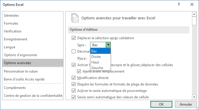 Options d’édition dans Options Excel 2016
