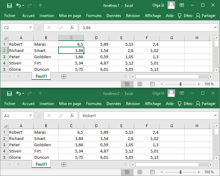 Exemple des fenêtres séparées dans Excel 2016