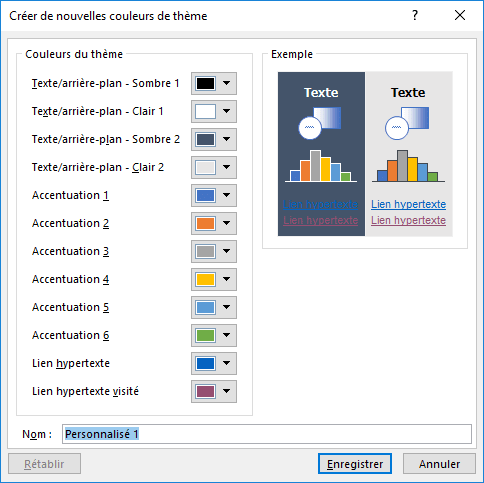 Boîte de dialogue Créer de nouvelles couleurs de thème Excel 2016