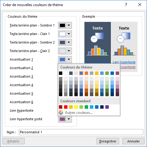 Boîte de dialogue Créer de nouvelles couleurs de thème 2 Excel 2016