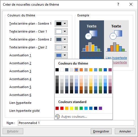 Boîte de dialogue Créer de nouvelles couleurs de thème 2 Excel 365