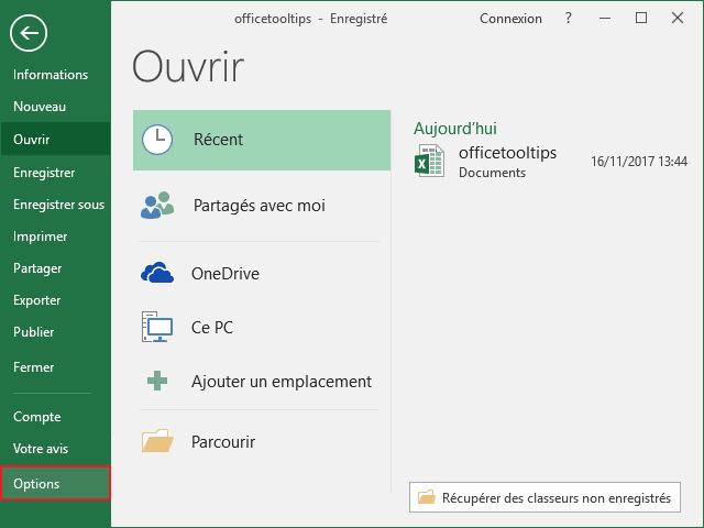 Options dans Excel 2016