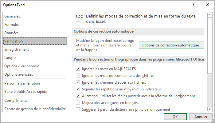 Options de correction automatique dans Options Excel 365