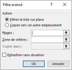 La boîte de dialogue Filtre avancé dans Excel 365