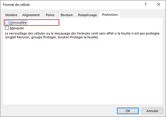 Verrouillée dans la boîte de dialogue Format de cellule Excel 365