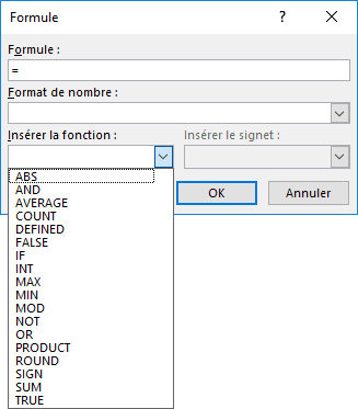 Fonction dans Word 2016