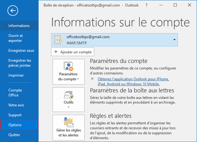 Options dans Outlook 2016