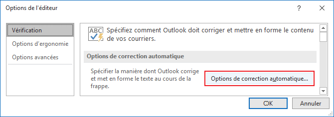 Options de l/éditeur dans Outlook 2016