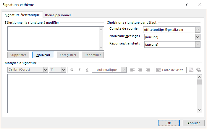 La boîte de dialogue Signatures et thème dans Outlook 2016