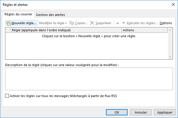 Nouvelle règles dans Outlook 2016