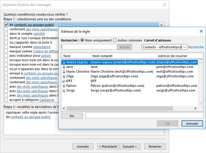 Choisir les contacts ou groupe public dans Outlook 2016