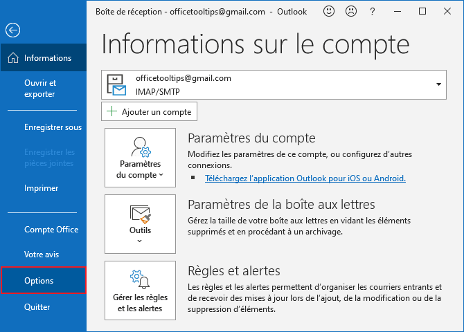 Options dans Outlook 365