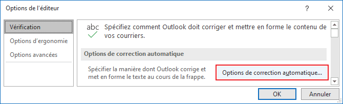 Options de correction automatique dans Outlook 365