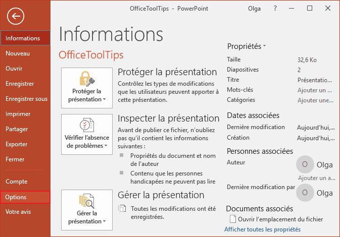 Options dans PowerPoint 2016