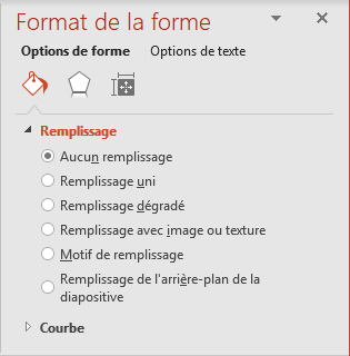 Aucun remplissage dans Format de la forme PowerPoint 2016