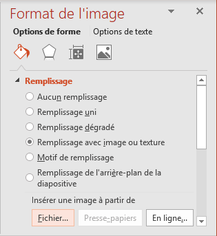 Remplissage avec image dans le volet Format de l'image PowerPoint 2016