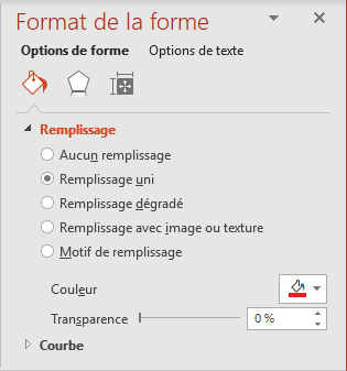 Remplissage uni dans le volet Format de la forme PowerPoint 2016