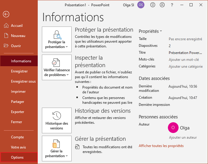 Options dans PowerPoint 365