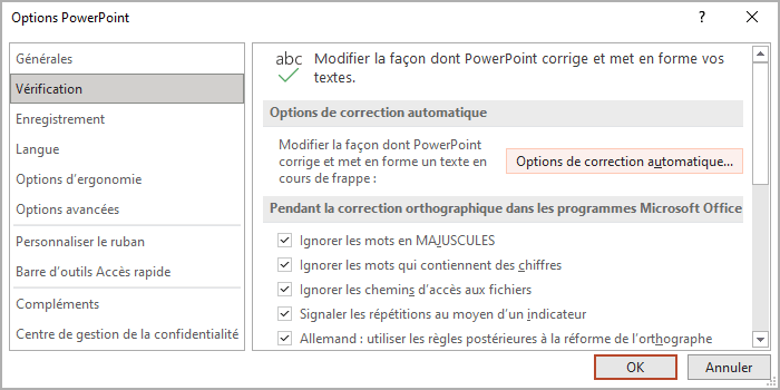 Options de correction automatique dans PowerPoint 365