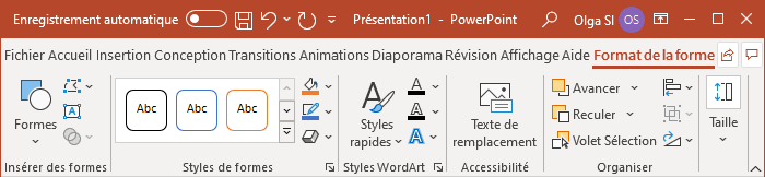 L'onglet Format de la forme dans PowerPoint 365