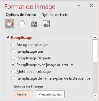 Remplissage avec image dans Format de la forme PowerPoint 365