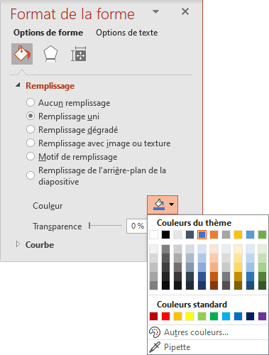 Remplissage uni dans le volet Format de la forme PowerPoint 365