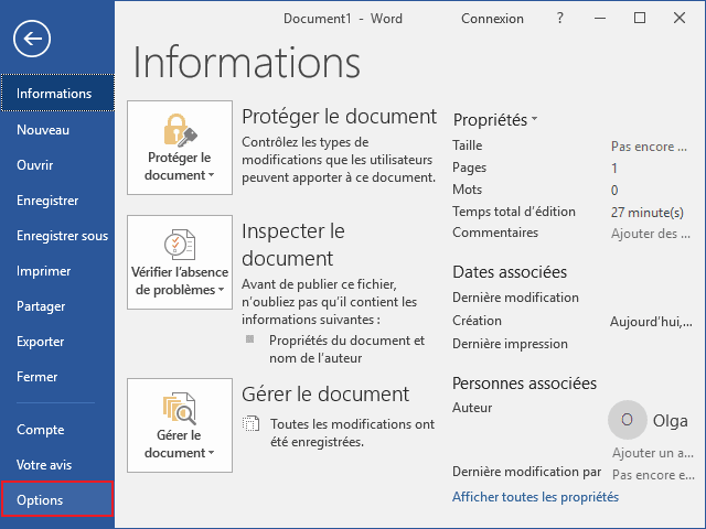 Options dans Word 2016