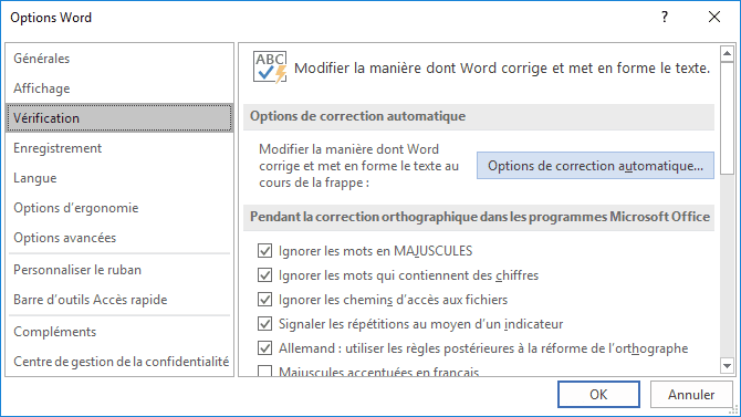 Options de correction automatique dans Word 2016