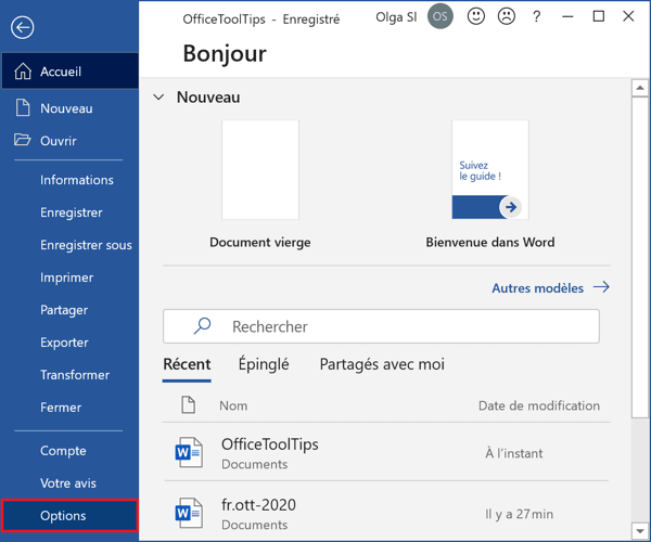 Options dans Word 365