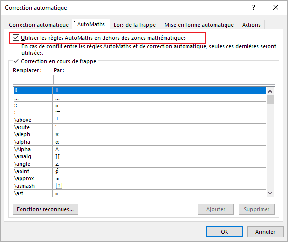 AutoMaths de correction automatique dans Word 365