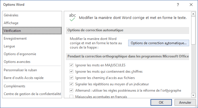 Options de correction automatique dans Word 365