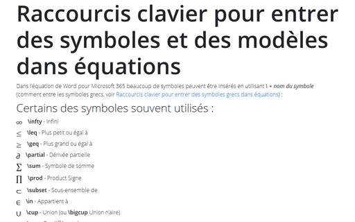 Raccourcis clavier pour entrer des symboles et des modèles dans équations