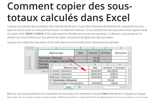 Comment copier des sous-totaux calculés dans Excel