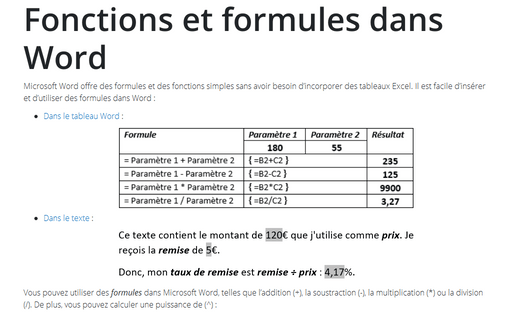 Fonctions et formules dans Word