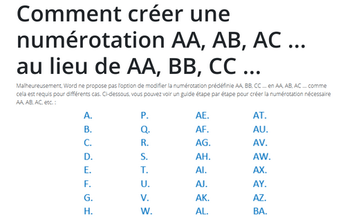 Comment créer une numérotation AA, AB, AC ... au lieu de AA, BB, CC ... dans Word
