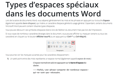 Types d’espaces spéciaux dans les documents Word